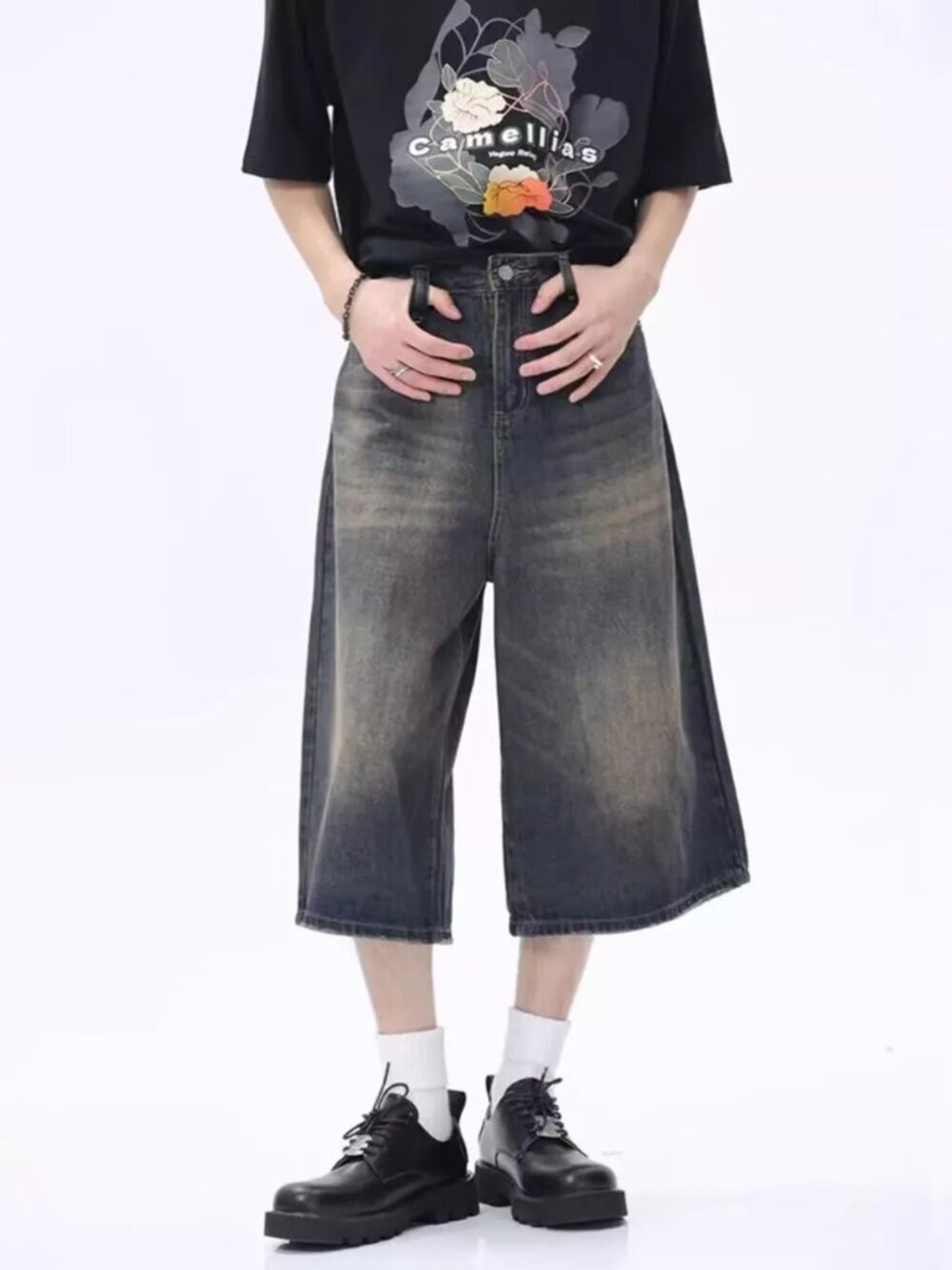 Men's Full Size Vintage Wash Wide Leg Denim Shorts Plus Size